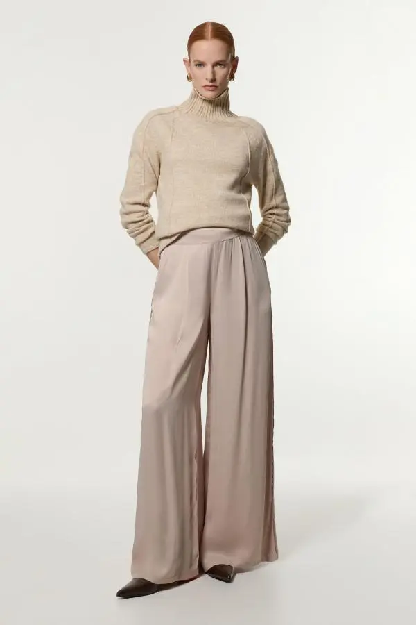 Viscose Satin Wide Leg Woven Trouser