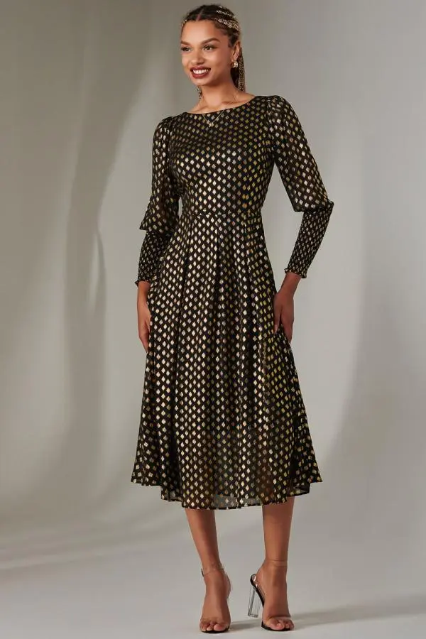 Puff Sleeve Gold Spotty Midaxi Dress