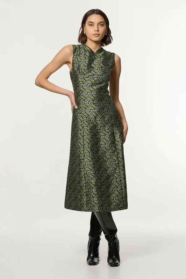 Geo Jacquard Twill Tailored Full Skirted Midi Dress