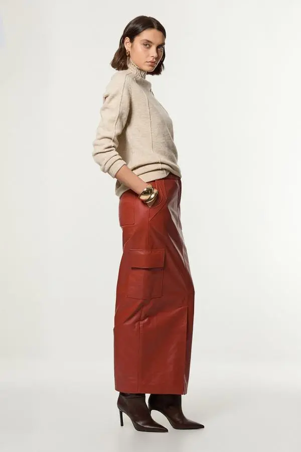 Leather Cargo Pocket Maxi Tailored Skirt