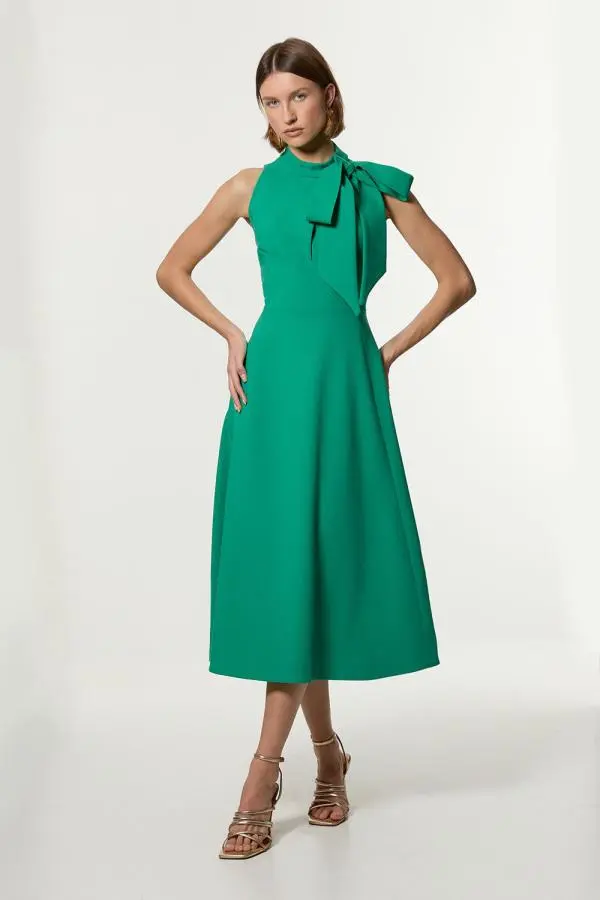 Compact Stretch Bow Tie Neck Full Skirted Midi Dress