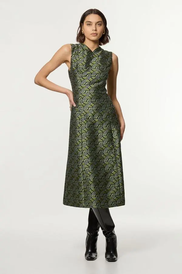 Petite Geo Jacquard Twill Tailored Full Skirted Belted Midi Dress