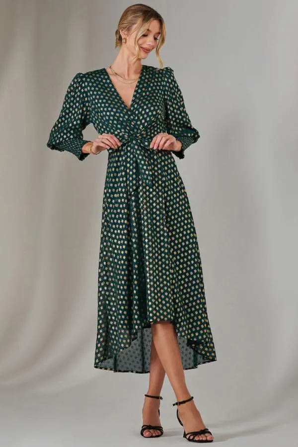 Metallic Spot Print Puffy Sleeve Maxi Dress