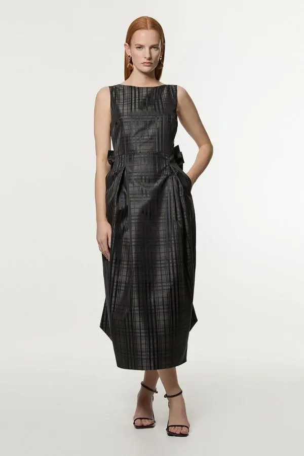 Petite Taffeta Check Bow Detail Tailored Maxi Dress