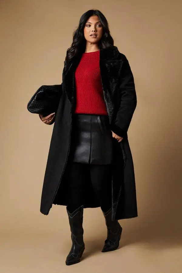 Fur Lined Belted Suedette Coat