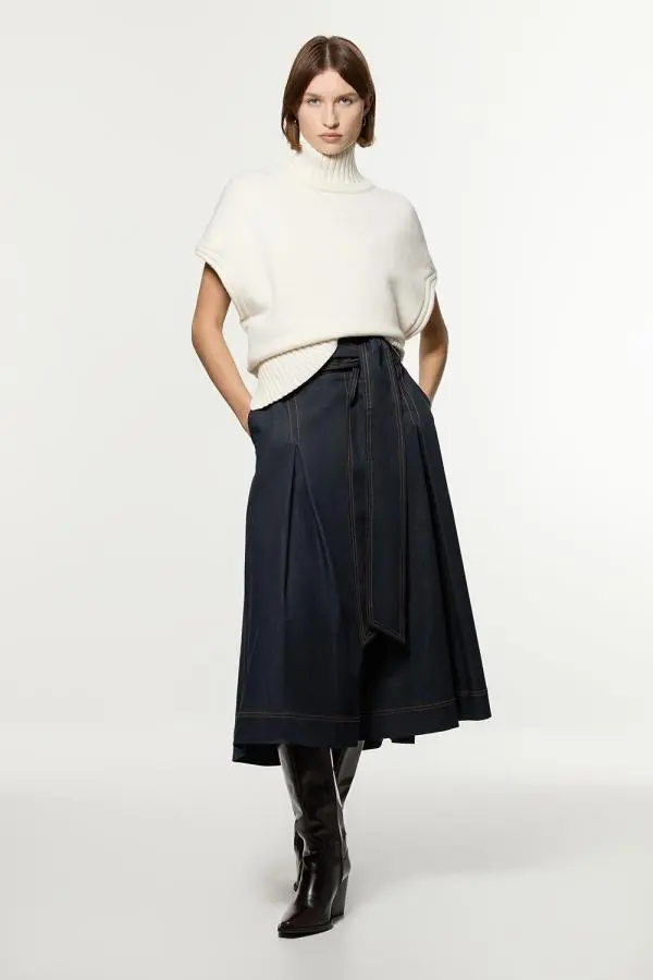 Petite Tailored Full Skirted Belted Midaxi Skirt