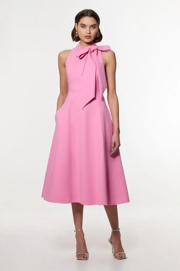 Compact Stretch Bow Tie Neck Full Skirted Midi Dress