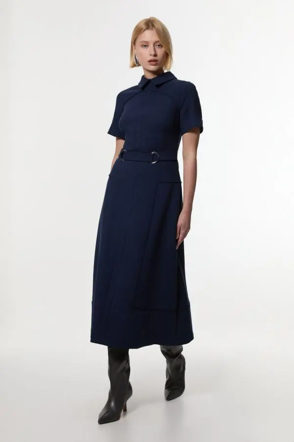 Compact Stretch Bow Tie Neck Full Skirted Midi Dress