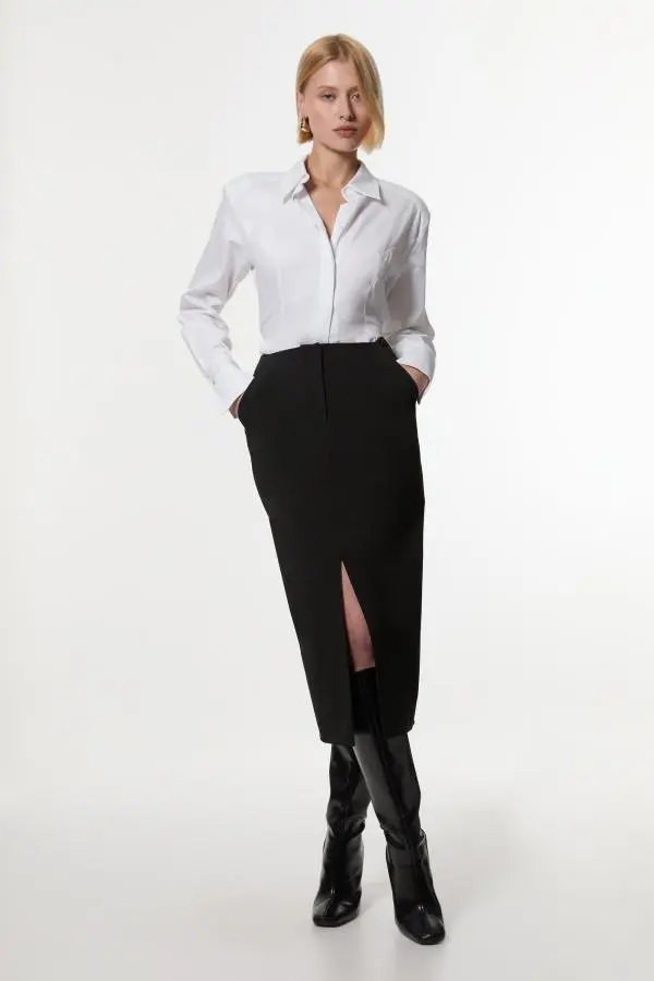 Compact Stretch Stab Stitch Tailored Pencil Midi Skirt