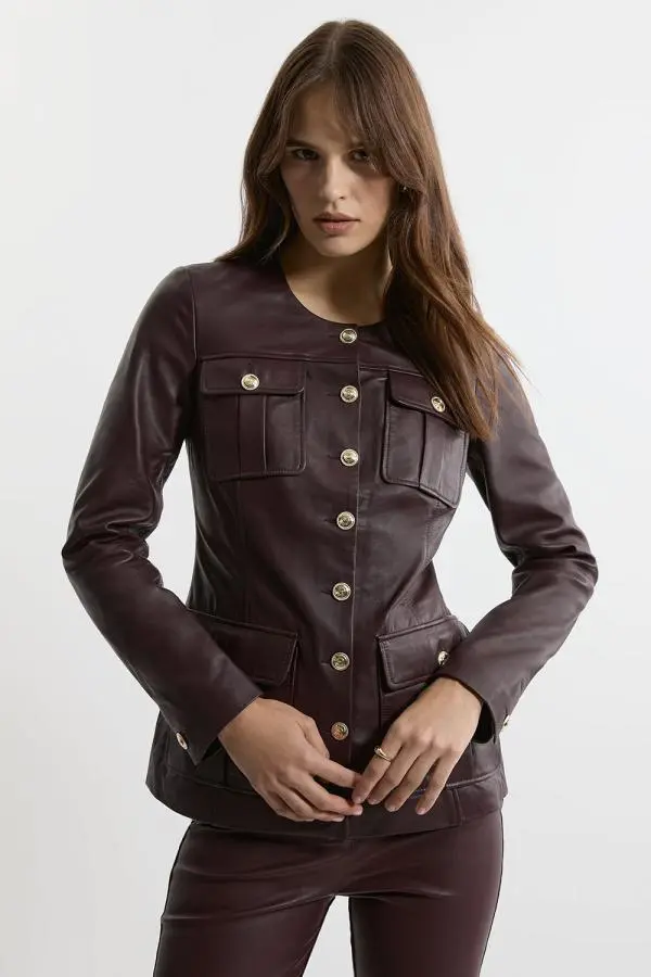 Leather Military Button Through Tailored Collarless Jacket