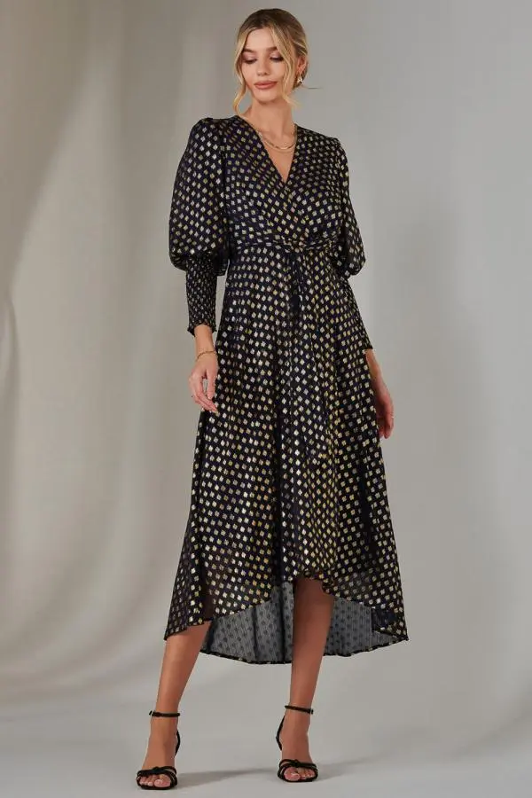 Metallic Spot Print Puffy Sleeve Maxi Dress