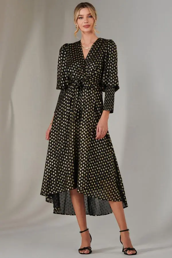 Metallic Spot Print Puffy Sleeve Maxi Dress