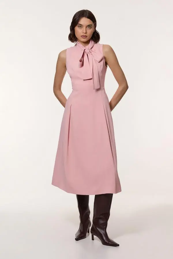 Compact Stretch Viscose Tie Neck Tailored Full Skirted Midi Dress