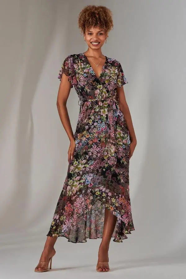 Chiffon Print Frill Dip Hem Maxi Dress