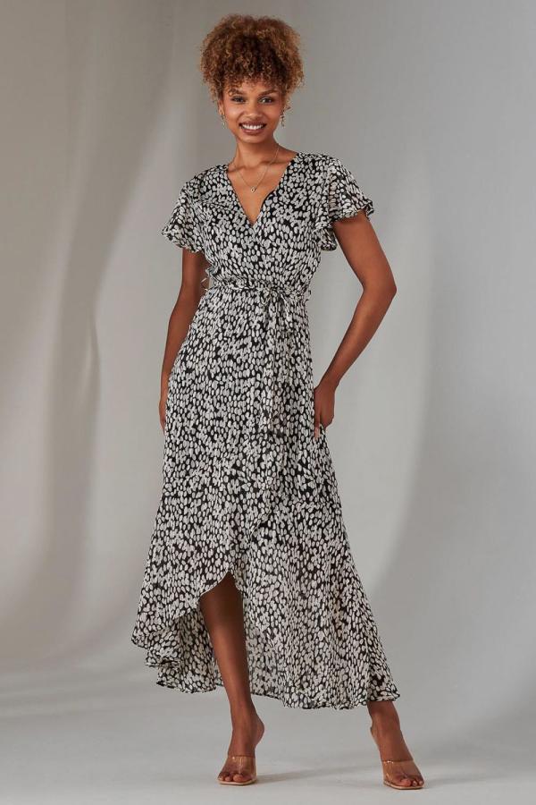 Chiffon Print Frill Dip Hem Maxi Dress