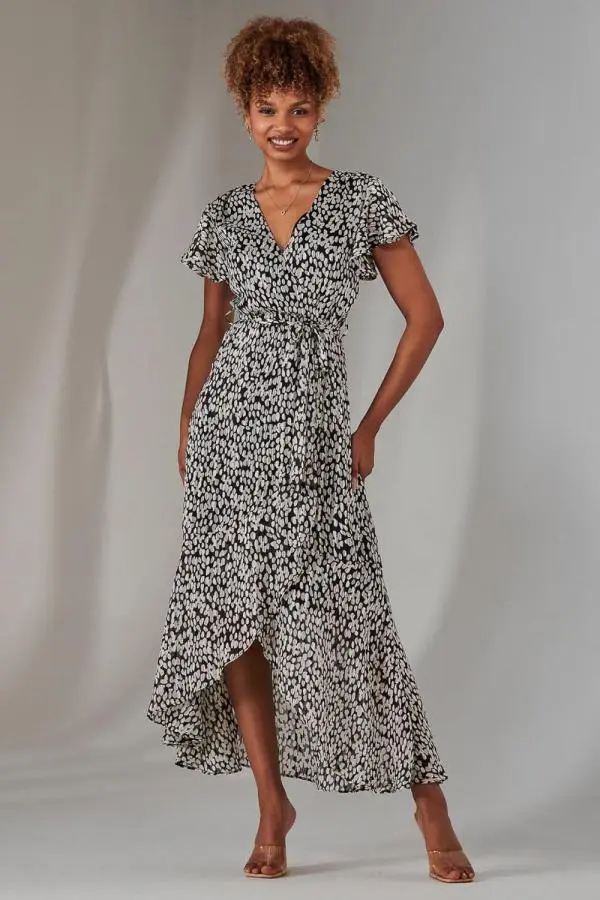 Chiffon Print Frill Dip Hem Maxi Dress