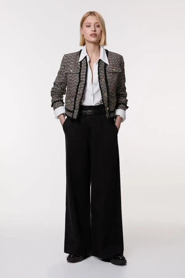 Denim Waistband Detail Wide Leg Trousers