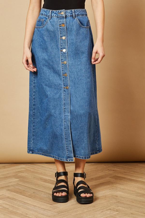 Denim Button Through Midi Skirt