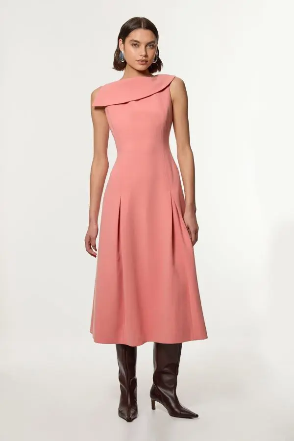 Compact Stretch Asymmetric Neck Tailored Full Skirted Dress