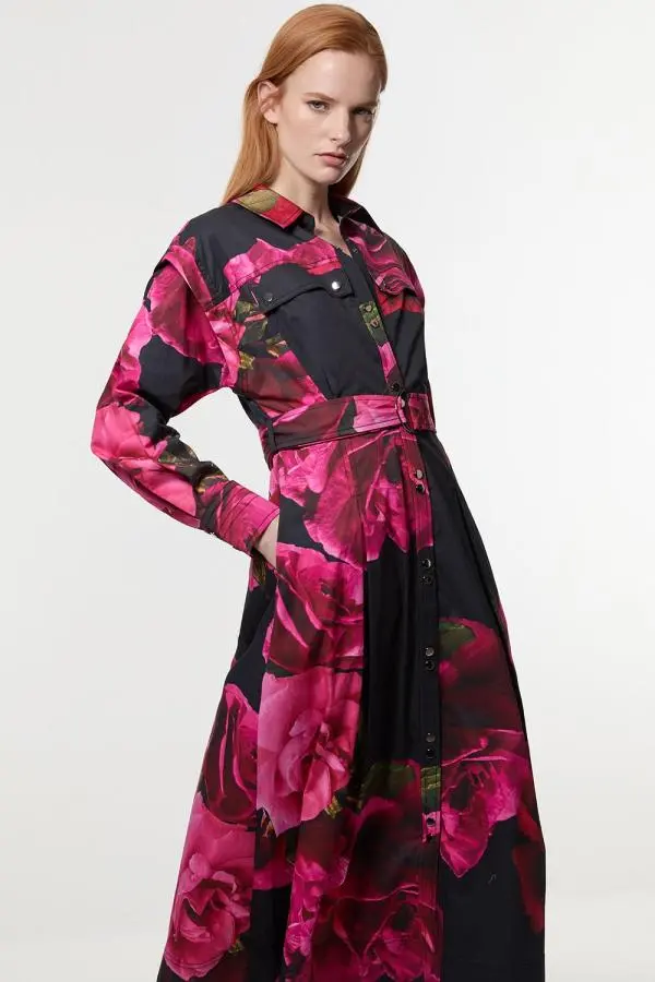 Placed Floral Cotton Sateen Shirt Dress