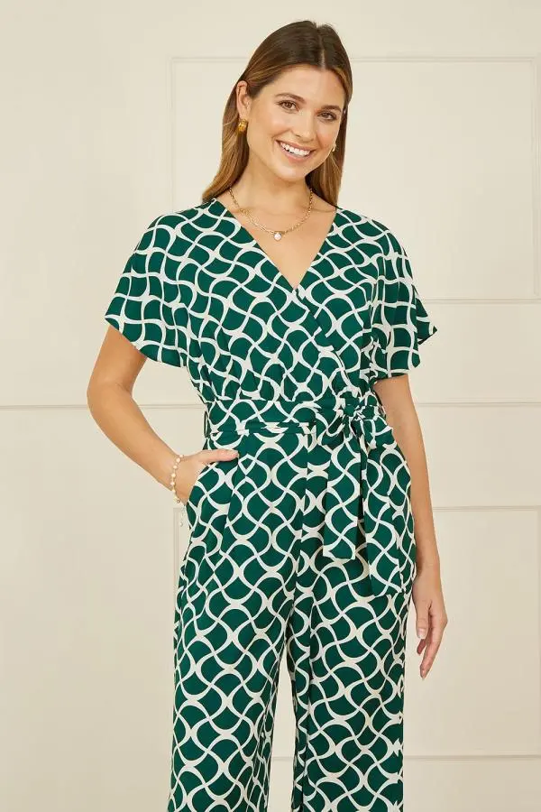 Yumi Green Geometric Print Wrap Jumpsuit