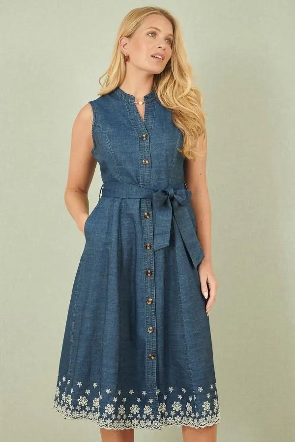 Blue Chambray Cotton Midi Embroidered Shirt Dress