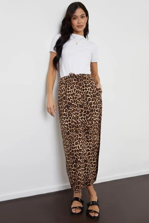 'Midori' Leopard Print Cotton Jersey Midi Skirt with Pockets