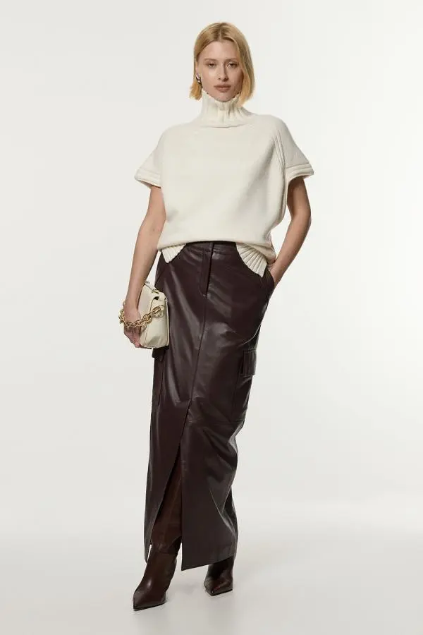 Leather Cargo Pocket Maxi Tailored Skirt