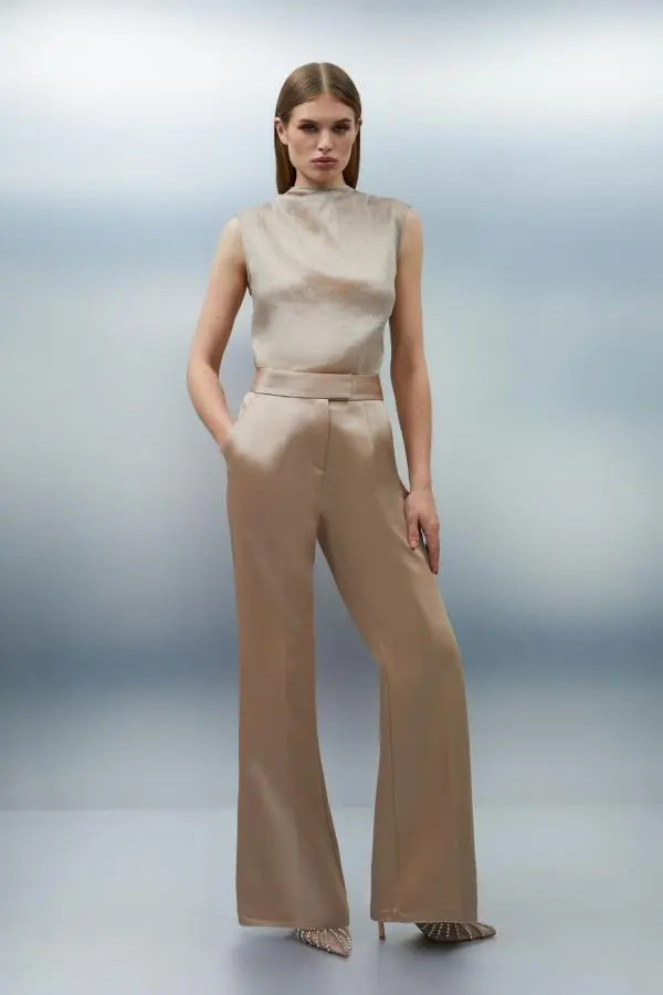 Structured Viscose Satin Stitch Detail Tailored Kickflare Trouser