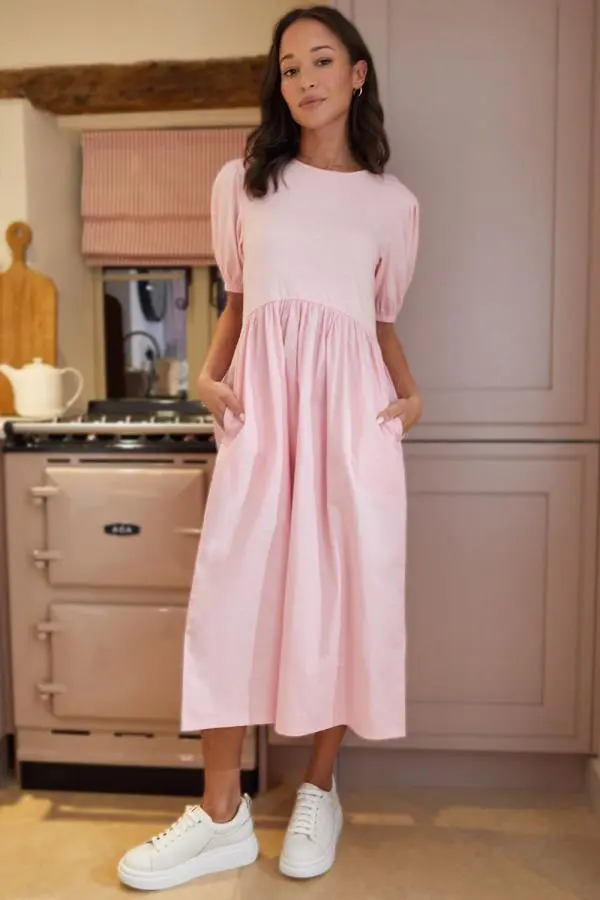 Puff Sleeve Jersey Poplin Maxi Dress