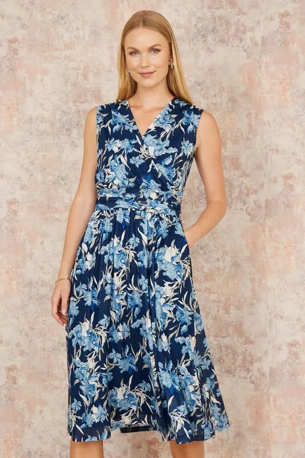 Blue Floral Mesh Wrap Skater Dress With Pockets