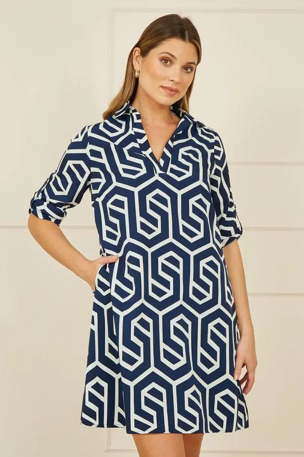 Navy Geo Print Tunic With Pockets