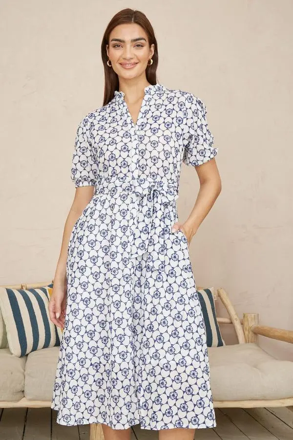 White and Blue Cotton Broderie Anglaise Midi Shirt Dress