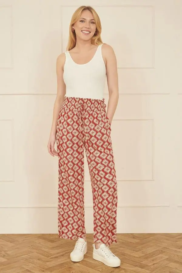 Red Geo Print Relaxed Fit Trousers