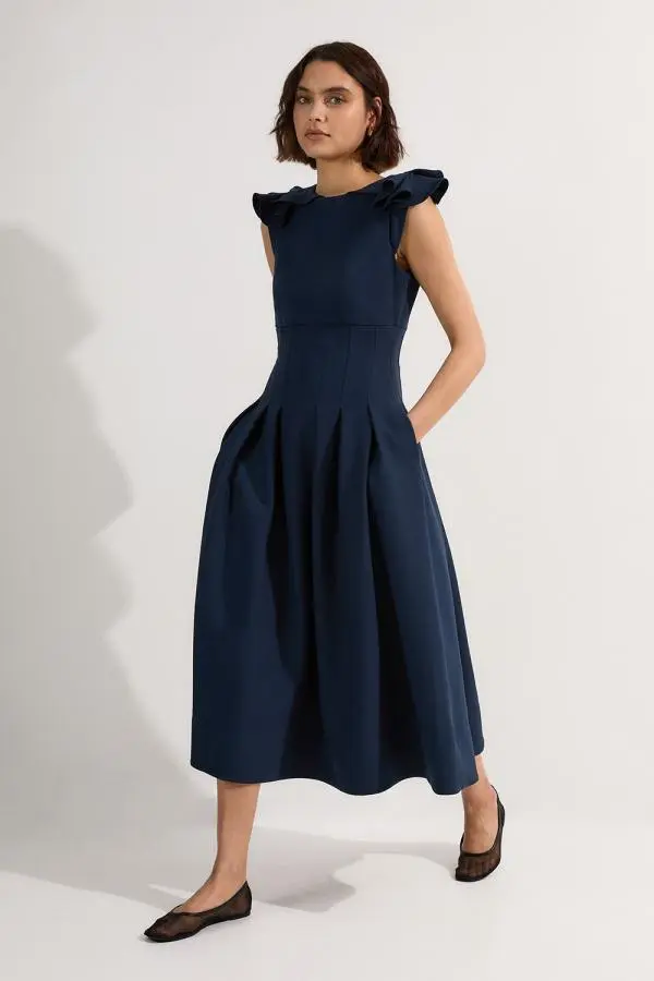 Structured Crepe Ruffle Shoulder Tailored Full Skirted Midi Dress