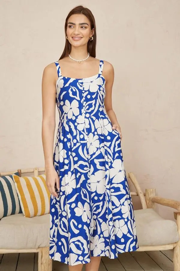 Blue Floral Button Through Midi Dress