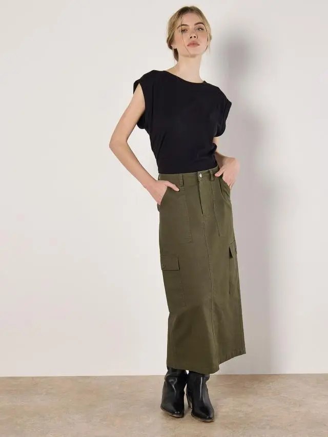 Apricot Women's Cotton Cargo Midaxi Skirt in Khaki | Size: 8