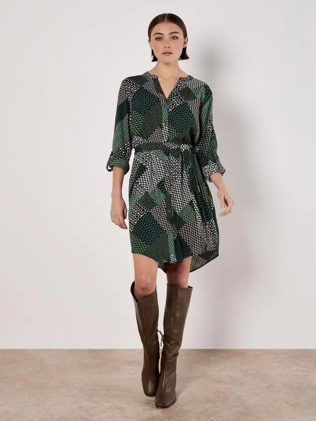 Apricot Women's Geo Patchwork Shirt Mini Dress in Green | Size: 10