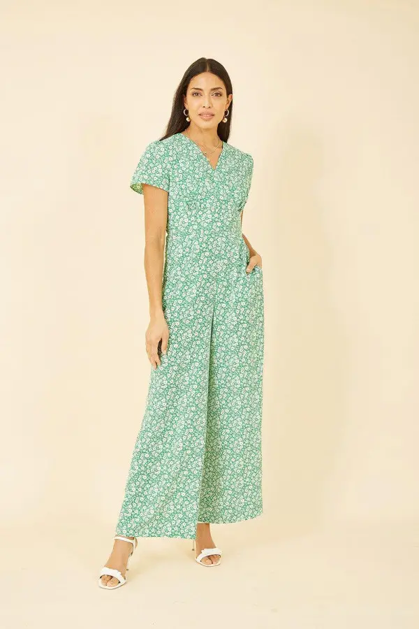 Green Ditsy Floral Wrap Jumpsuit