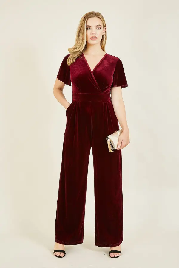 Plum Angel Sleeve Velvet Jumpsuit