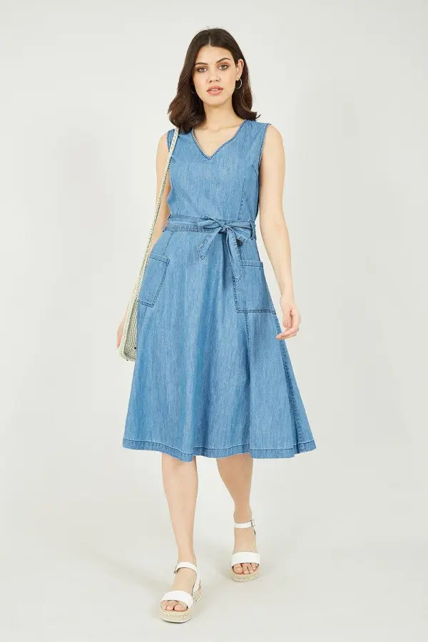 Light Blue Chambray V Neck Midi Dress