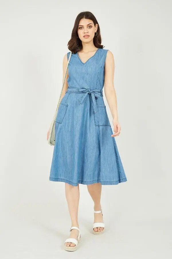 Light Blue Chambray V Neck Midi Dress