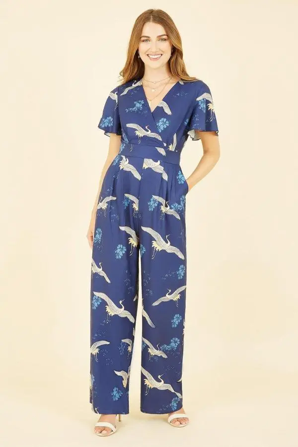 Navy Crane Print Angel Sleeve Jumpsuit