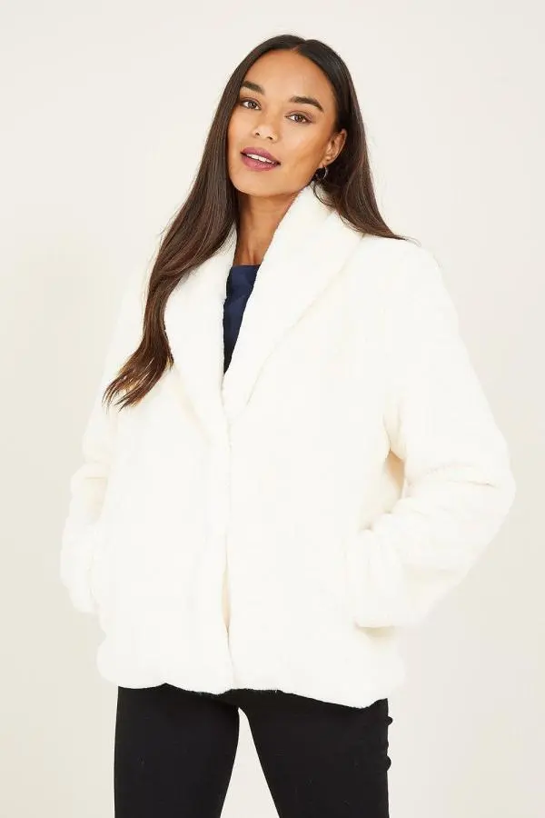 Ivory Short Wrap Faux Fur Coat