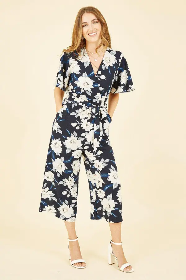 Navy Floral Print Jumpsuit With Angel Sleeves