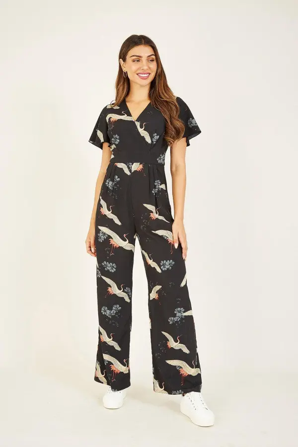 Black Crane Print Jumpsuit