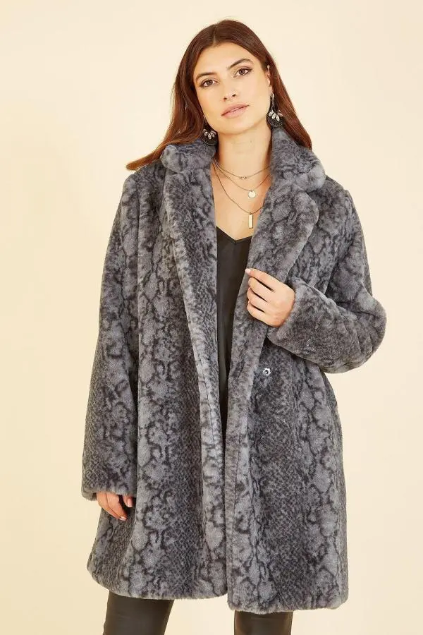 Grey Snakeskin Print Faux Fur Coat