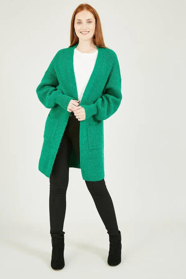 Green Knitted Long Cardigan With Pocket