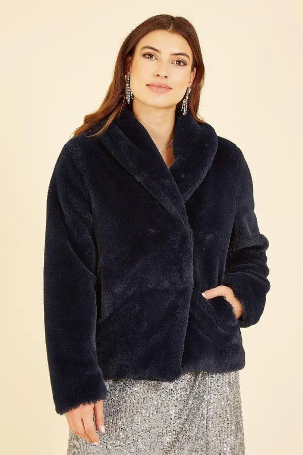 Navy Short Wrap Faux Fur Coat