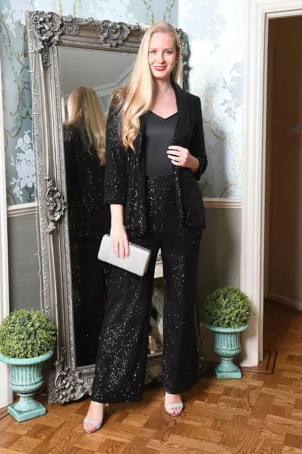 Black Sequin Blazer With Pockets